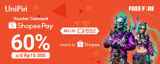 Dapatkan Cashback hingga 60% max Rp 15.000 setiap top up di UniPin menggunakan ShopeePay!